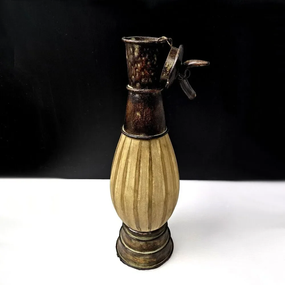 Vintage Decorative Decanter Urn Frosted Ribbed Glass & Metal w/ Horn Lid & Chain
